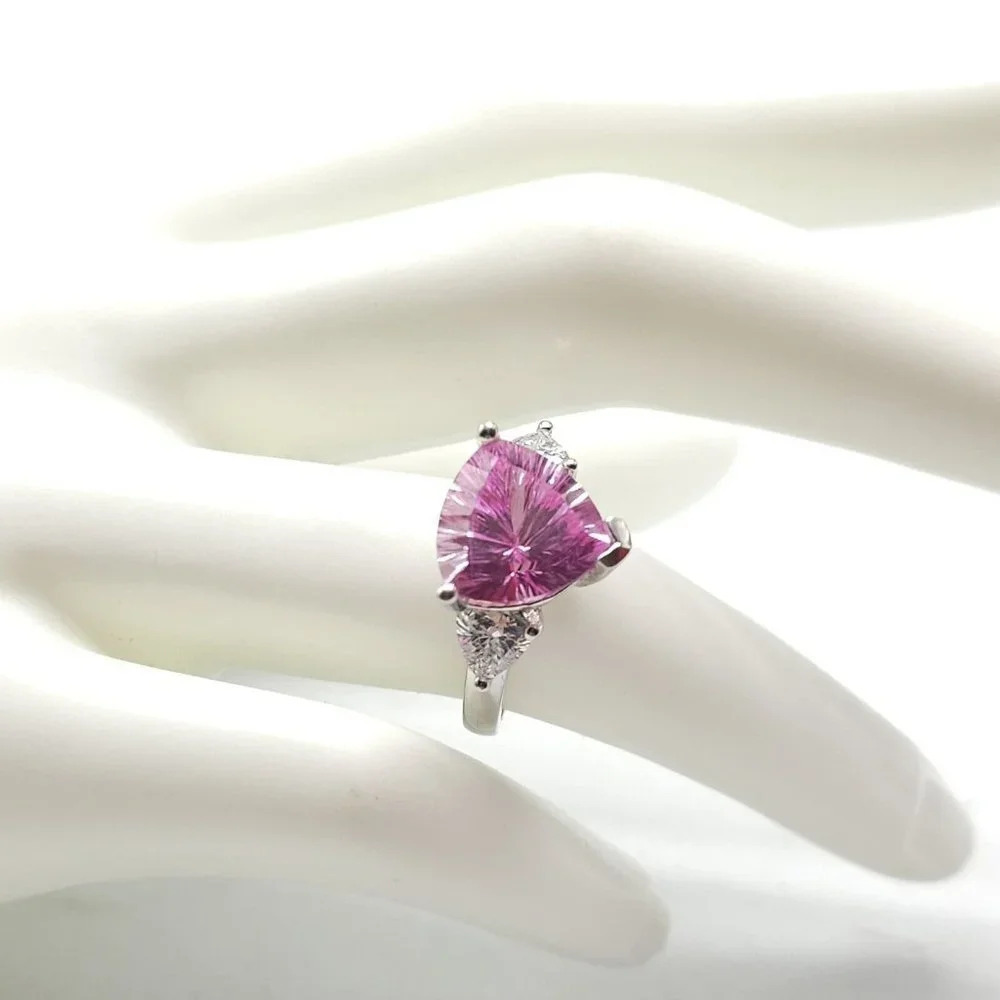 Sterling Silver .925 Lab Pink Sapphire CZ Triangle Cocktail Ring Size 6
